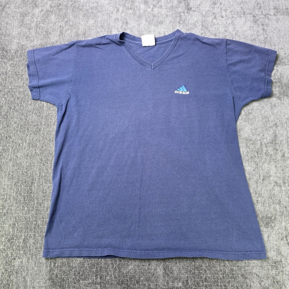 Vtg Made In USA Adidas T Shirt Mens Large Navy Blue V Neck Cotton Casual L